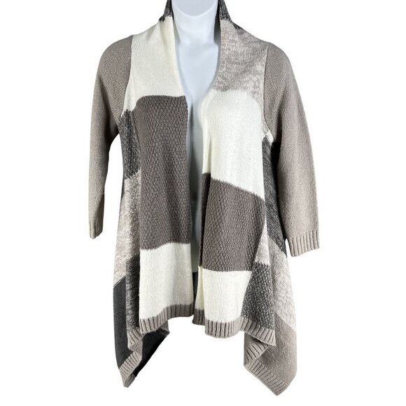 Chicos Womens M Patchwork Open Front Asym Cardigan Sweater Neutral Color Block - Picture 11 of 14